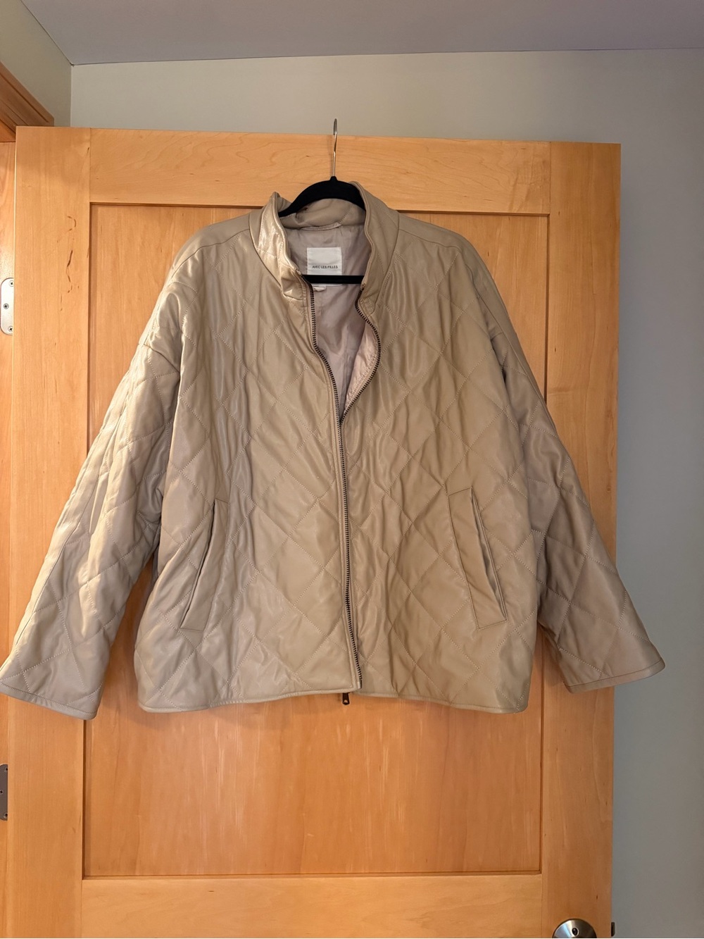 Avec Les Filles Quilted Leather Jacket in Beige